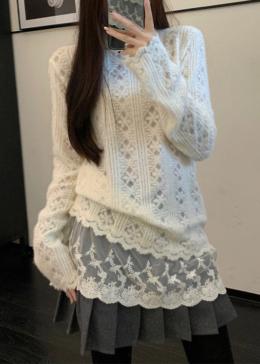 Apricot Hign Neck Lace Patchwork Knit Sweater Winter Rf007