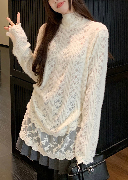 Apricot Hign Neck Lace Patchwork Knit Sweater Winter Rf007