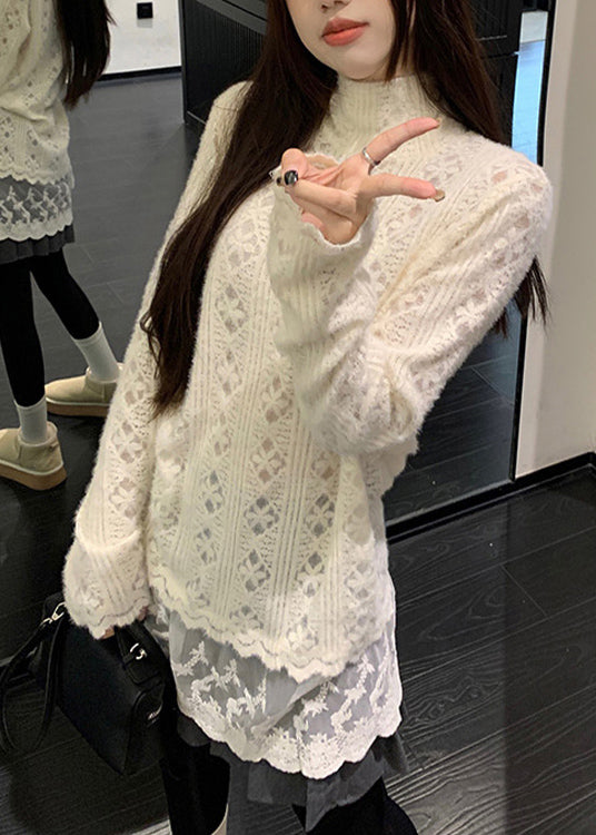 Apricot Hign Neck Lace Patchwork Knit Sweater Winter Rf007