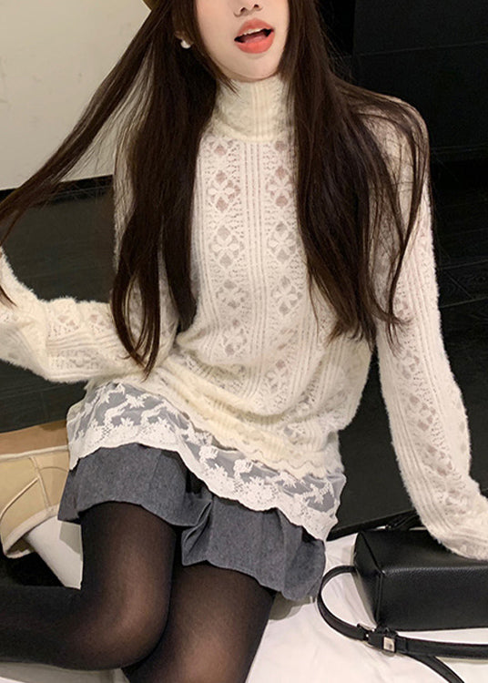 Apricot Hign Neck Lace Patchwork Knit Sweater Winter Rf007