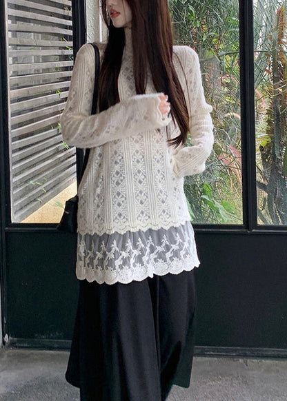 Apricot Hign Neck Lace Patchwork Knit Sweater Winter Rf007