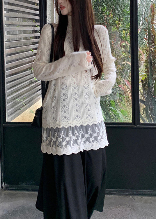 Apricot Hign Neck Lace Patchwork Knit Sweater Winter Rf007
