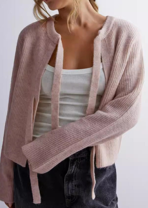 Apricot O Neck Lace Up Knit Loose Coat Fall Qy009