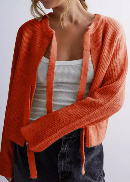 Apricot O Neck Lace Up Knit Loose Coat Fall Qy009