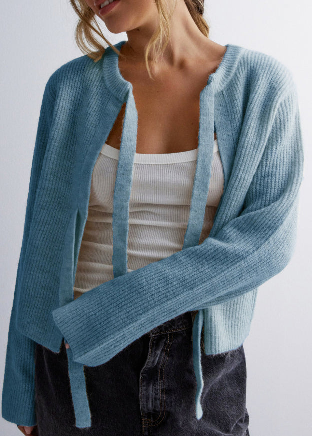 Apricot O Neck Lace Up Knit Loose Coat Fall Qy009