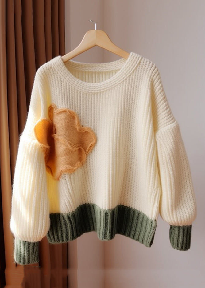 Apricot O Neck Patchwork Knit Sweater Fall Qg011