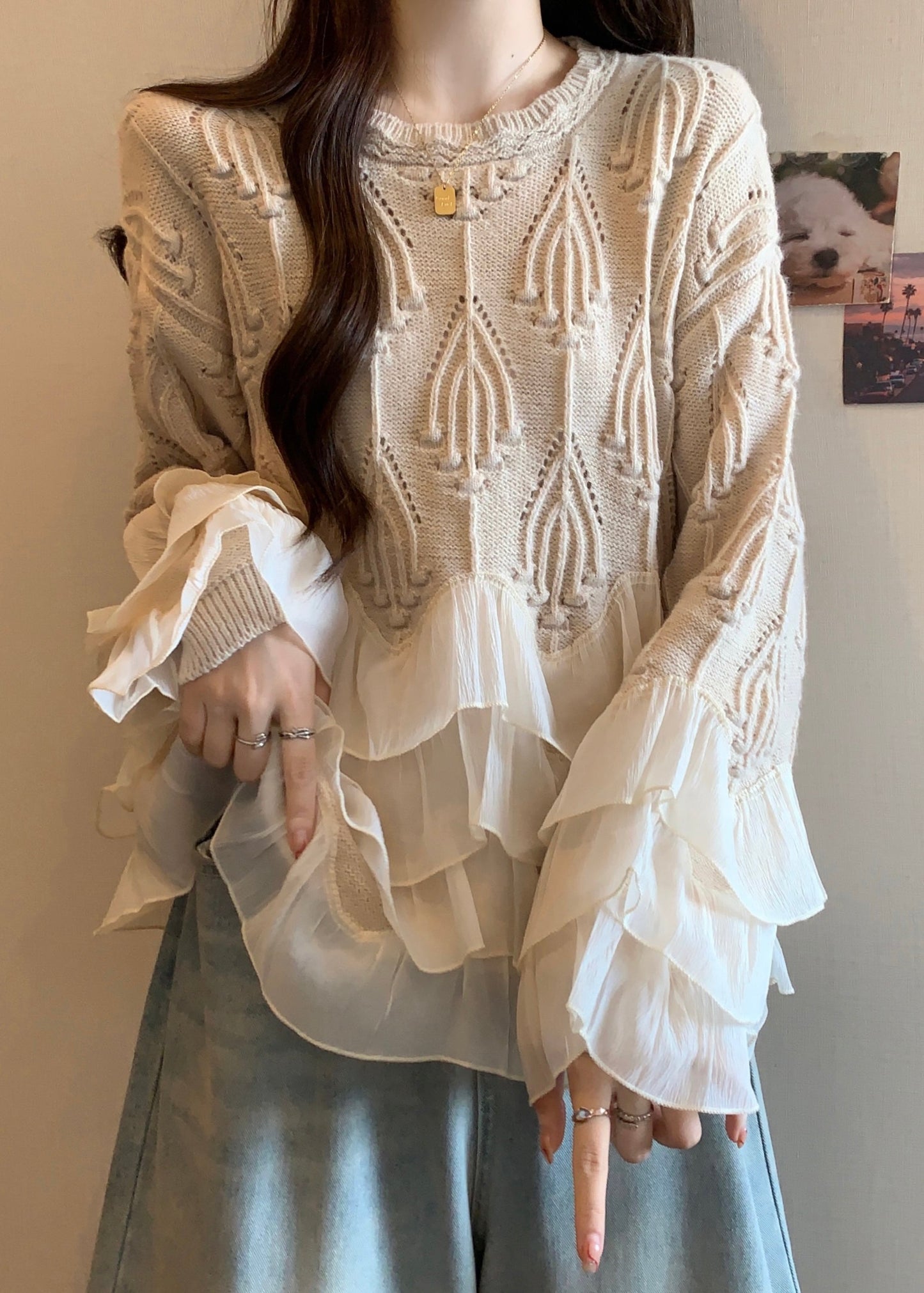 Apricot Ruffled Patchwork Knit Sweater Tops Fall Wn032