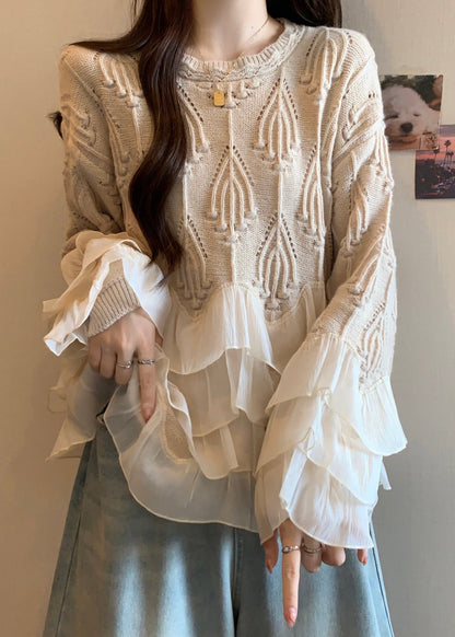 Apricot Ruffled Patchwork Knit Sweater Tops Fall Wn032