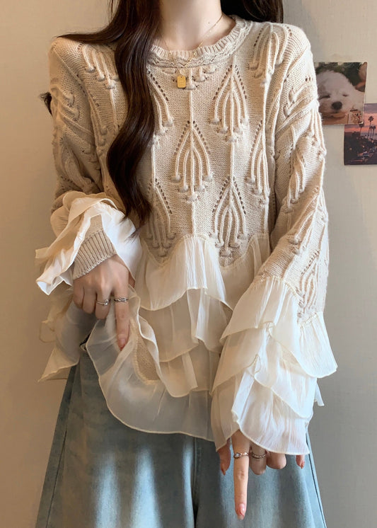 Apricot Ruffled Patchwork Knit Sweater Tops Fall Wn032