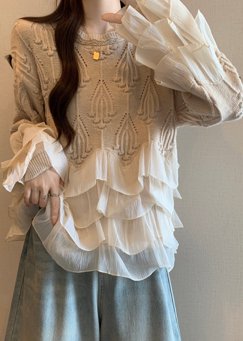 Apricot Ruffled Patchwork Knit Sweater Tops Fall Wn032