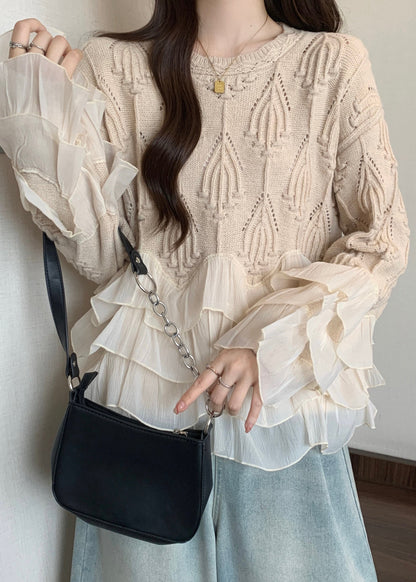 Apricot Ruffled Patchwork Knit Sweater Tops Fall Wn032