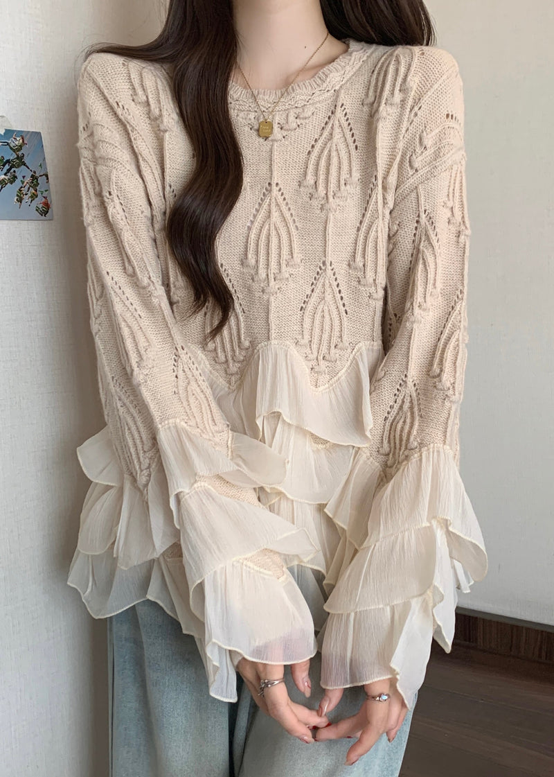 Apricot Ruffled Patchwork Knit Sweater Tops Fall Wn032