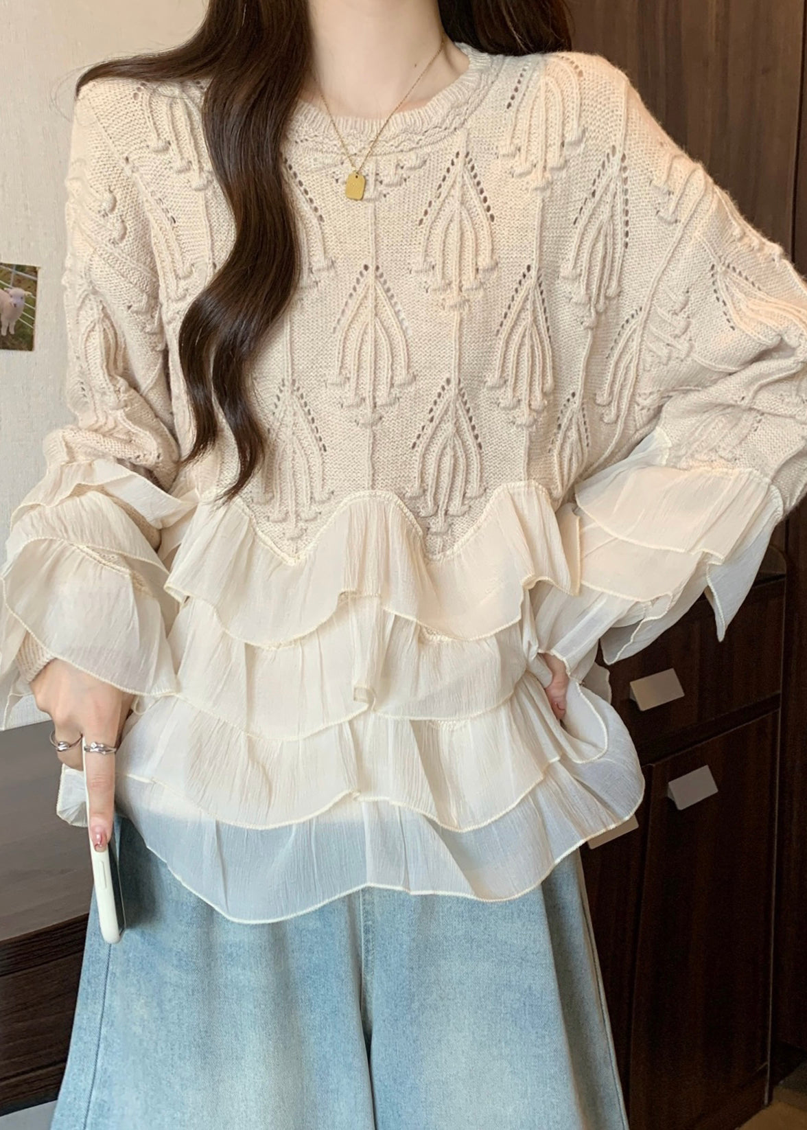 Apricot Ruffled Patchwork Knit Sweater Tops Fall Wn032