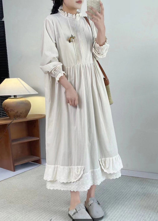 Apricot Stand Collar Ruffled Patchwork Wrinkled Long Dress Long Sleeve Bv050