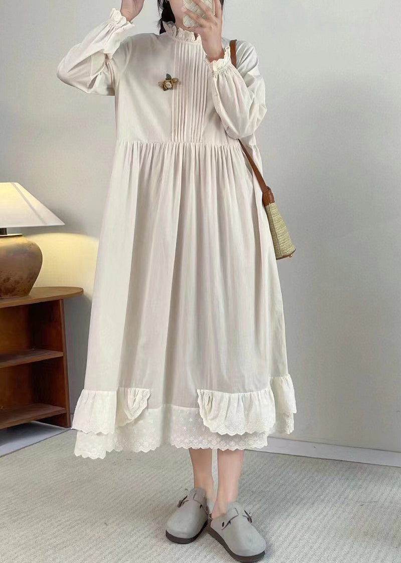 Apricot Stand Collar Ruffled Patchwork Wrinkled Long Dress Long Sleeve Bv050