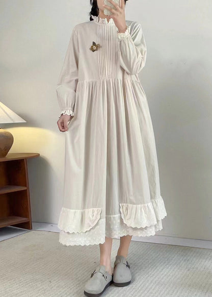 Apricot Stand Collar Ruffled Patchwork Wrinkled Long Dress Long Sleeve Bv050