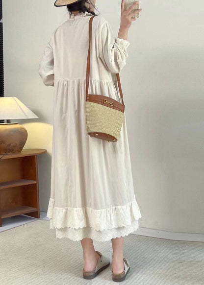 Apricot Stand Collar Ruffled Patchwork Wrinkled Long Dress Long Sleeve Bv050