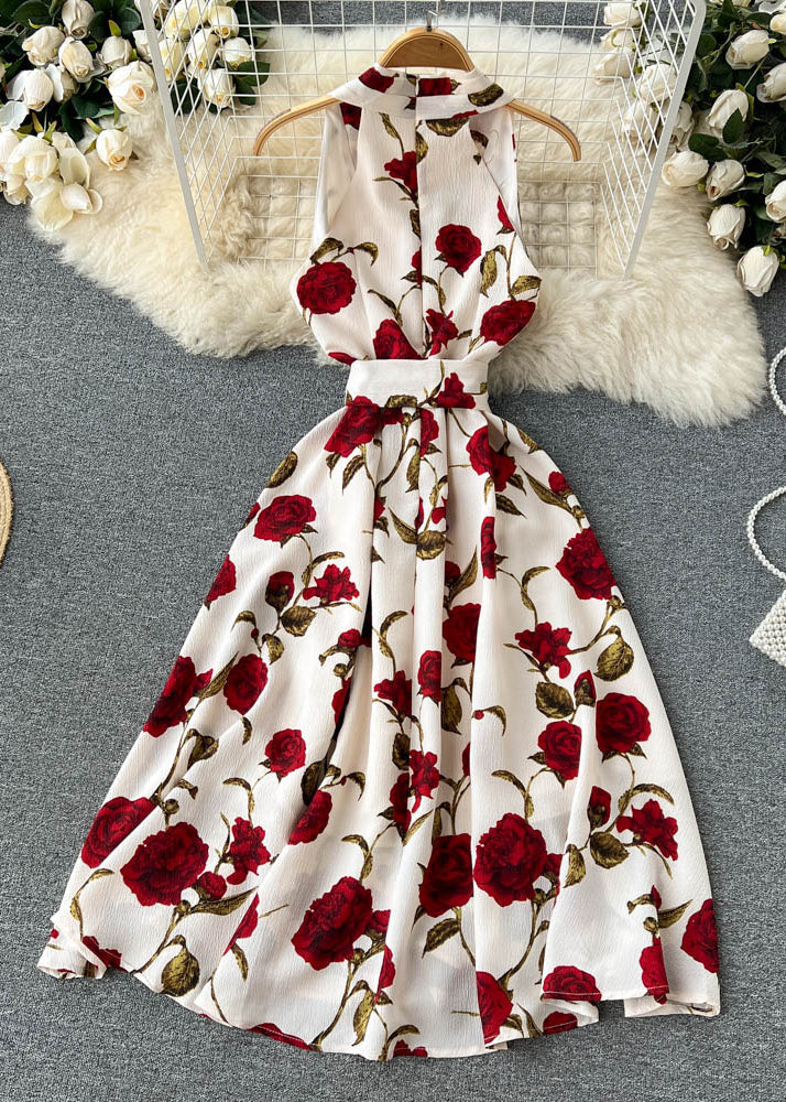 Apricot Zippered Print Chiffon Long Dress Sleeveless Tr049
