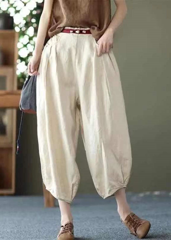 Beige Pockets Wrinkled Patchwork Linen Harem Pants Summer Ly0592