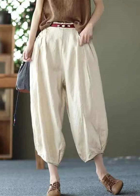 Beige Pockets Wrinkled Patchwork Linen Harem Pants Summer Ly0592