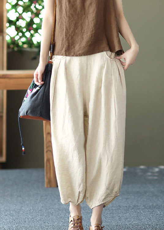 Beige Pockets Wrinkled Patchwork Linen Harem Pants Summer Ly0592