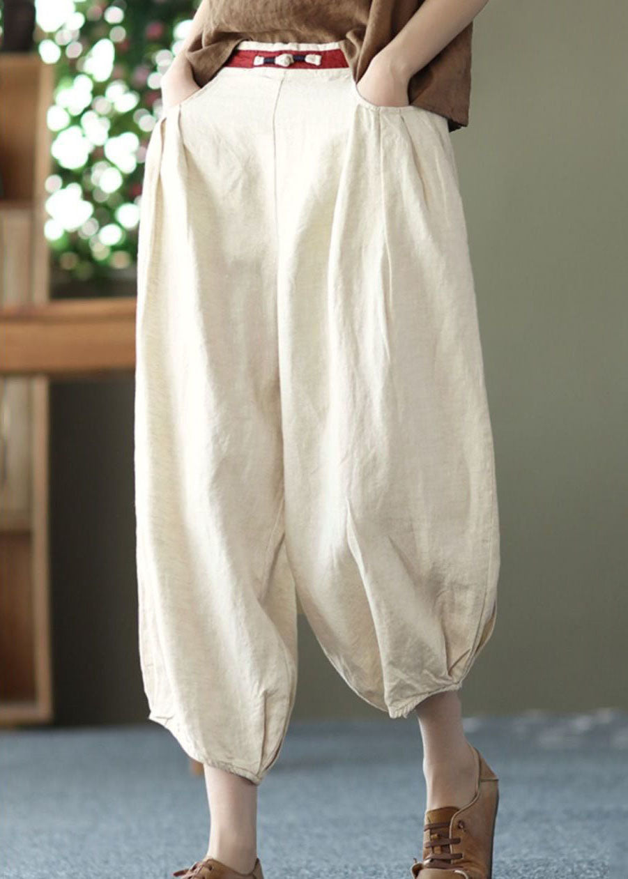 Beige Pockets Wrinkled Patchwork Linen Harem Pants Summer Ly0592