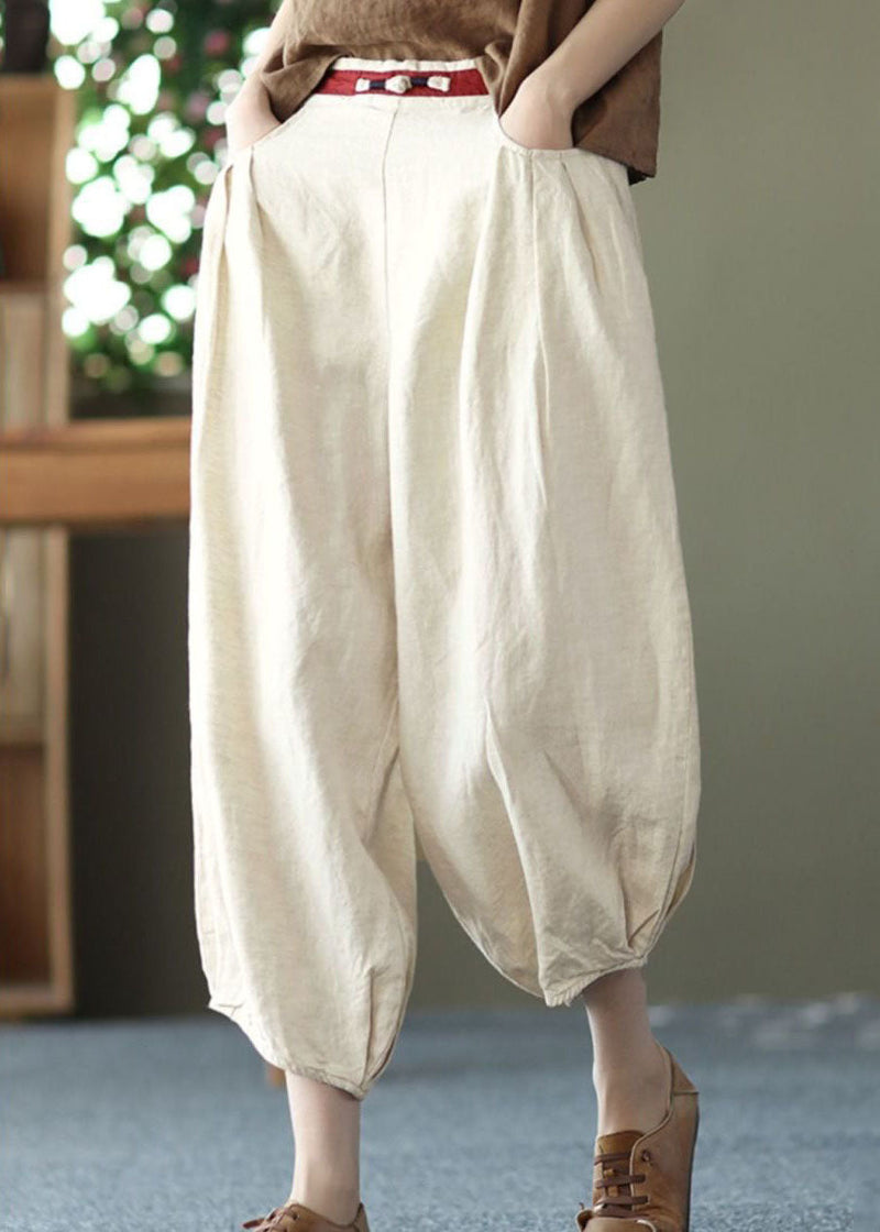 Beige Pockets Wrinkled Patchwork Linen Harem Pants Summer Ly0592