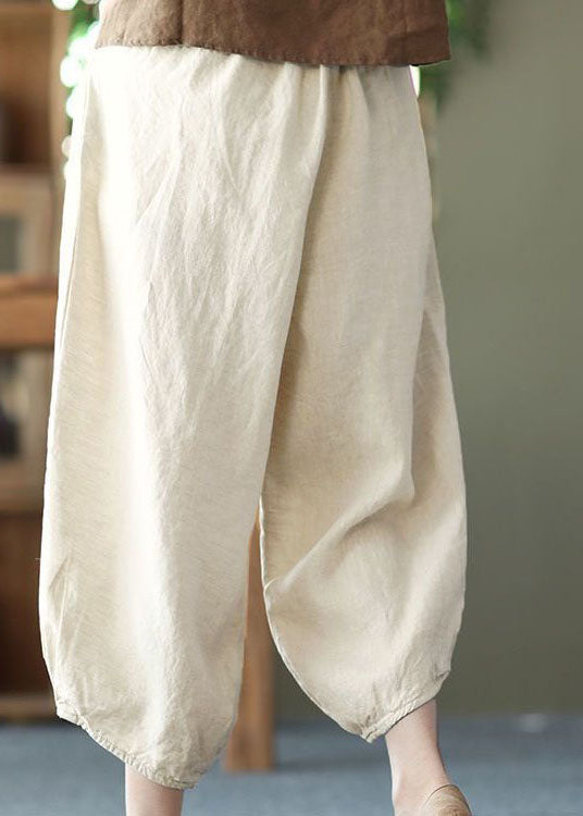 Beige Pockets Wrinkled Patchwork Linen Harem Pants Summer Ly0592