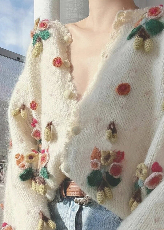 Beige V Neck Button Patchwork Knit Cardigan Winter Wx013