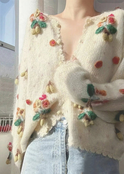 Beige V Neck Button Patchwork Knit Cardigan Winter Wx013