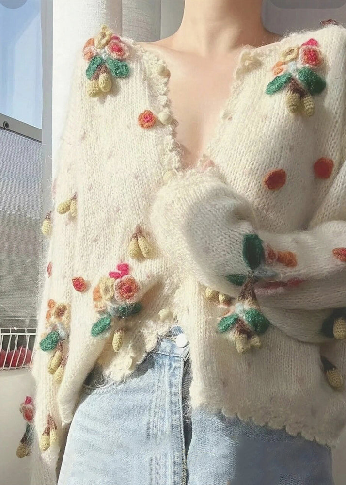 Beige V Neck Button Patchwork Knit Cardigan Winter Wx013