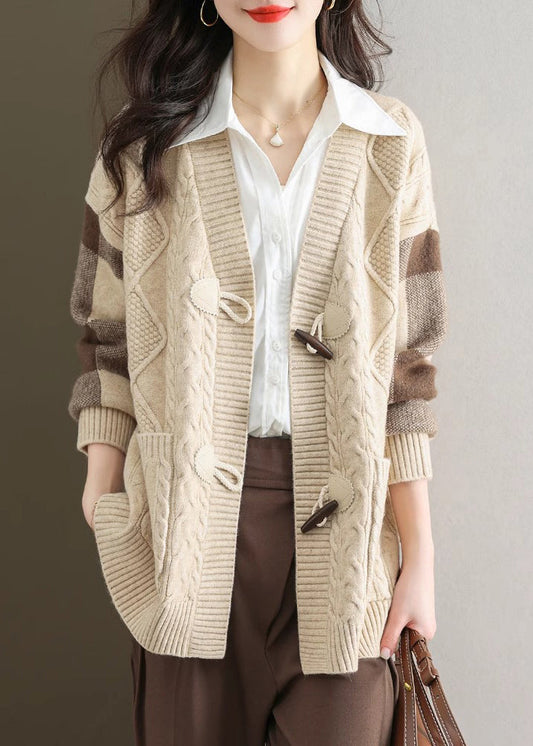 Beige V Neck Button Patchwork Knit Cardigans Fall Qs007