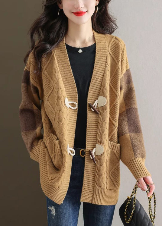 Beige V Neck Button Patchwork Knit Cardigans Fall Qs007