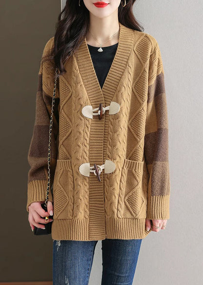 Beige V Neck Button Patchwork Knit Cardigans Fall Qs007