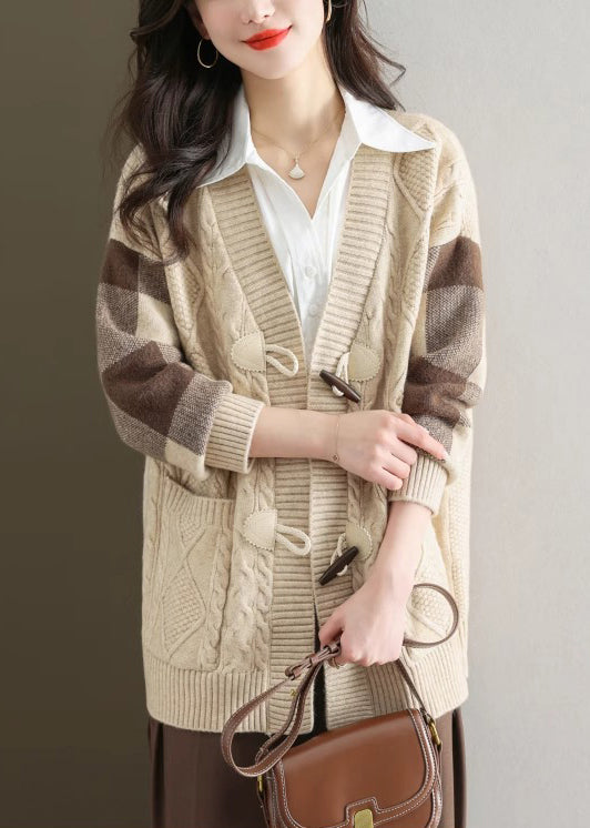 Beige V Neck Button Patchwork Knit Cardigans Fall Qs007