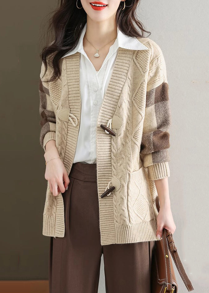 Beige V Neck Button Patchwork Knit Cardigans Fall Qs007