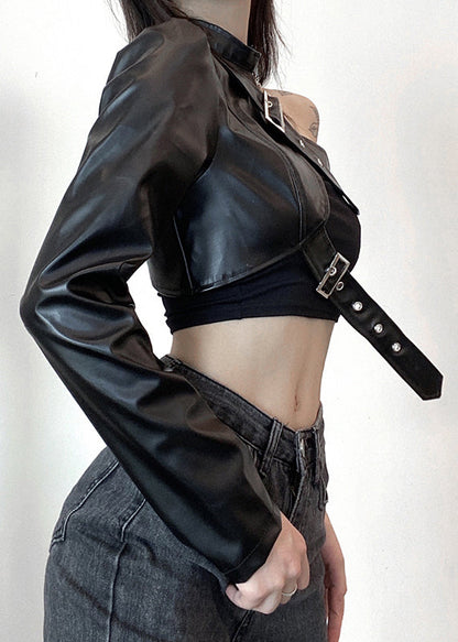 Faux Design Black Spring Leather Coats Original Asymmetrical