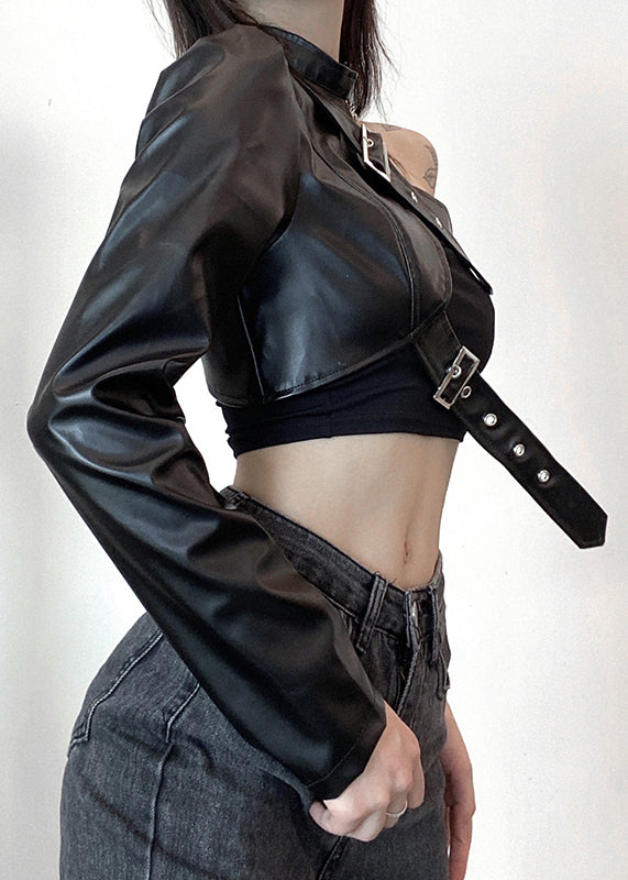 Faux Design Black Spring Leather Coats Original Asymmetrical