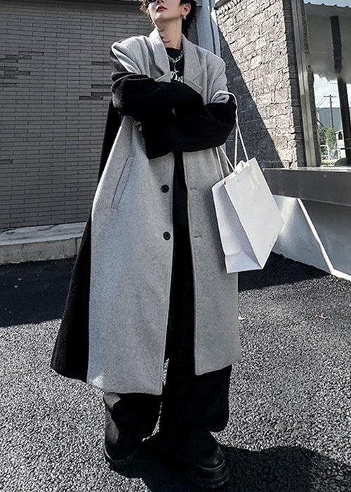 Black Button Pockets Patchwork Woolen Trench Coats Winter Ro051