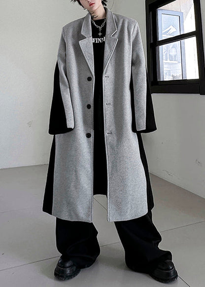 Black Button Pockets Patchwork Woolen Trench Coats Winter Ro051