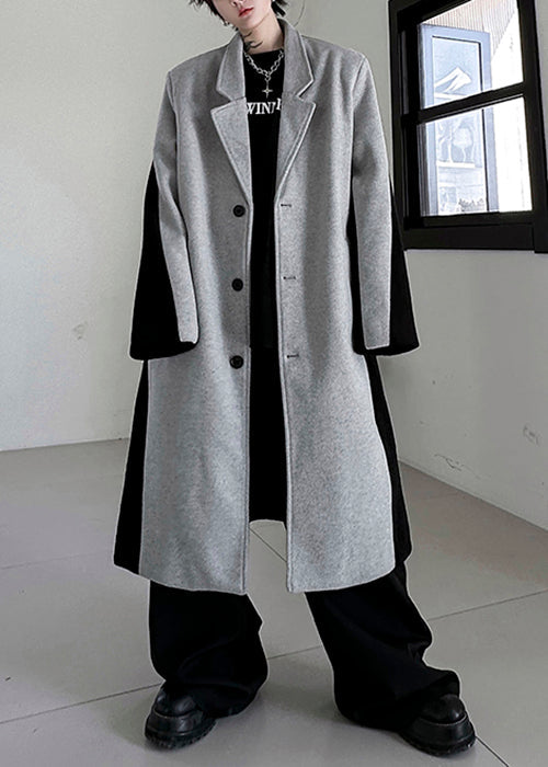 Black Button Pockets Patchwork Woolen Trench Coats Winter Ro051