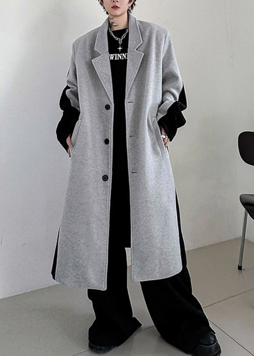 Black Button Pockets Patchwork Woolen Trench Coats Winter Ro051