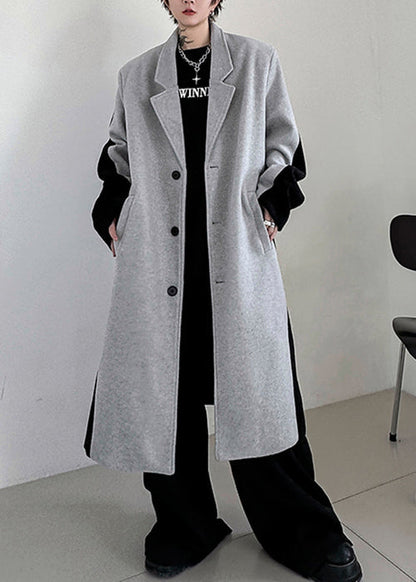 Black Button Pockets Patchwork Woolen Trench Coats Winter Ro051