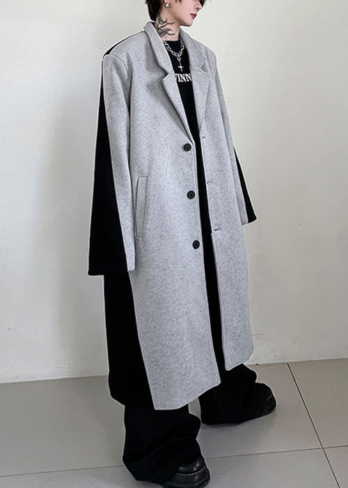 Black Button Pockets Patchwork Woolen Trench Coats Winter Ro051