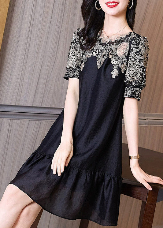 Black Embroideried O-neck Hollow Out Long Dresses Short Sleeve Ti1035
