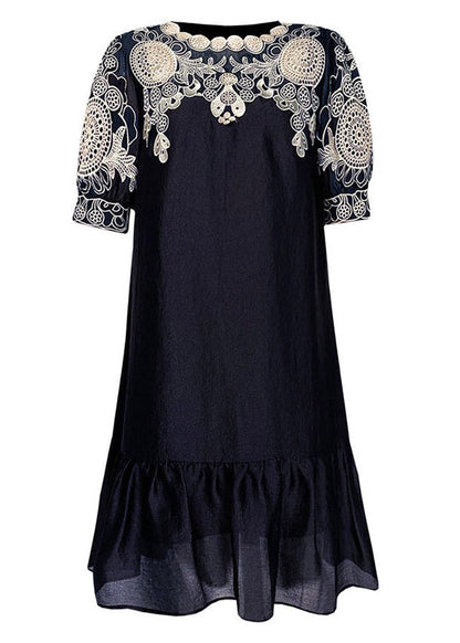 Black Embroideried O-neck Hollow Out Long Dresses Short Sleeve Ti1035