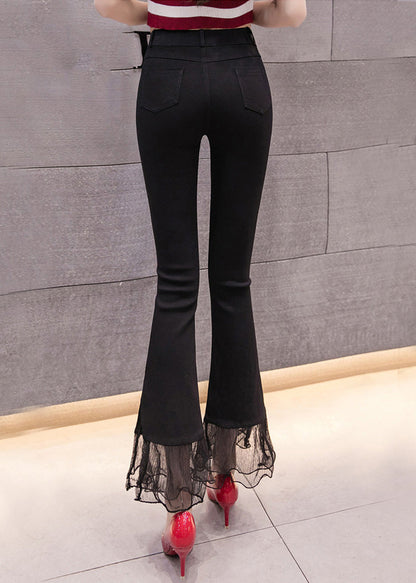 Black High Waist Lace Patchwork Side Open Crop Pants Spring Ly0173