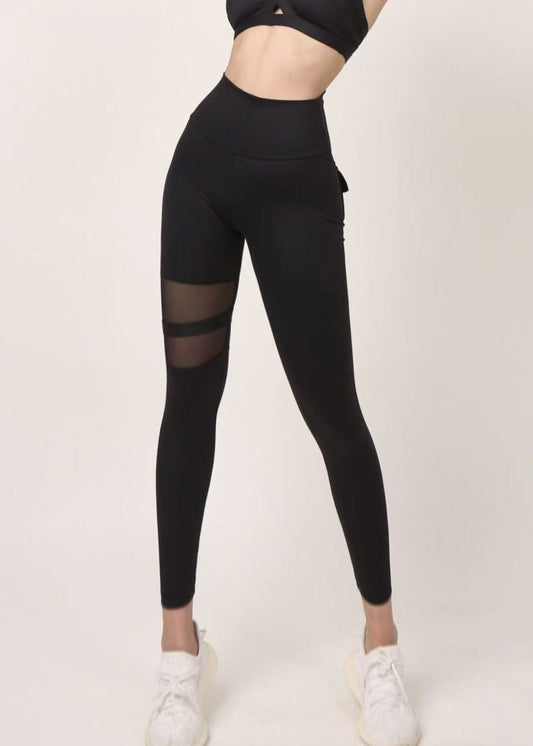 Black High Waist Mesh Panel Cotton Leggings Yoga Pants Td019