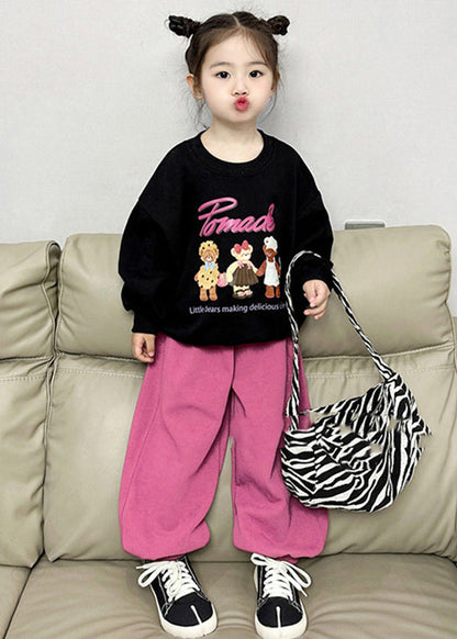 Black O-neck Kids Fleece Sweatshirt and Lantern Pants Two Pieces Set Spring Tr002