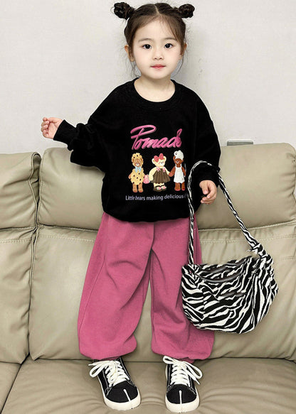 Black O-neck Kids Fleece Sweatshirt and Lantern Pants Two Pieces Set Spring Tr002